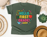 Hello First Grade Crayons in Moss Comfort Colors 1717 tee