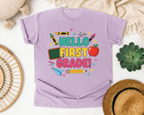 Hello First Grade Crayons in Orchid Comfort Colors 1717 tee