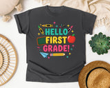 Hello First Grade Crayons in Pepper Comfort Colors 1717 tee