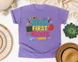 Hello First Grade Crayons in Violet Comfort Colors 1717 tee