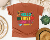 Hello First Grade Crayons in Yam Comfort Colors 1717 tee