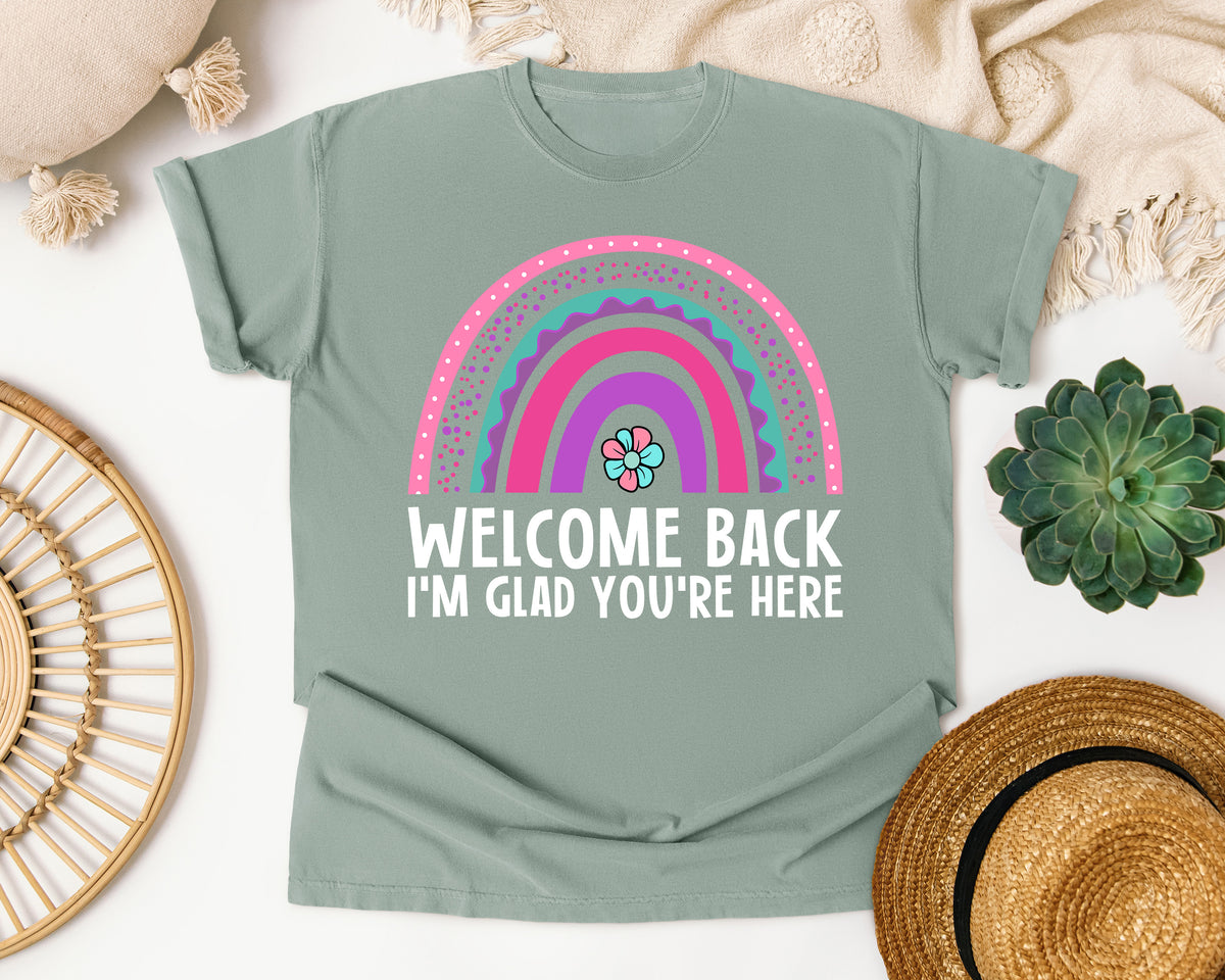 Welcome Back I'm Glad You're Here Rainbow in Bay Comfort Colors 1717 tee