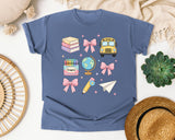 Back To School Supplies Bow in Blue Jean Comfort Colors 1717 tee