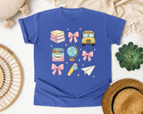 Back To School Supplies Bow in Flo Blue Comfort Colors 1717 tee