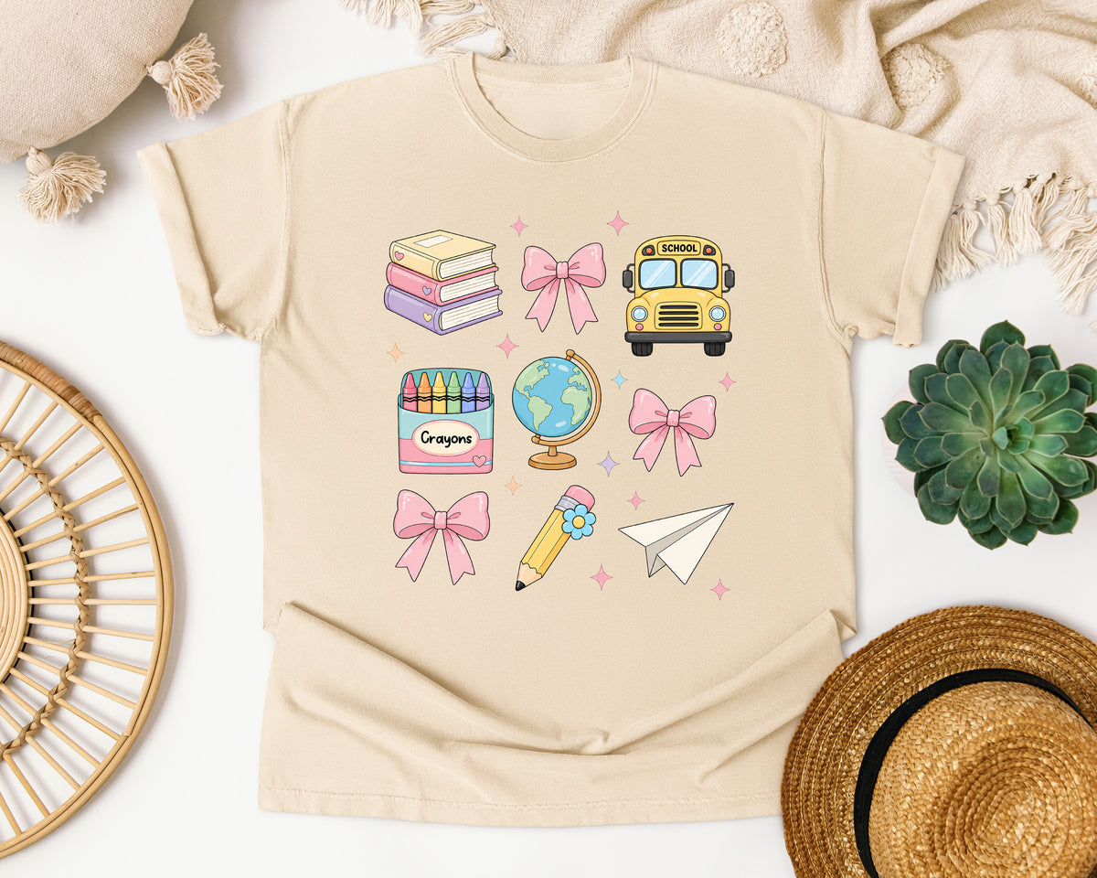 Back To School Supplies Bow in Ivory Comfort Colors 1717 tee
