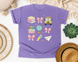 Back To School Supplies Bow in Violet Comfort Colors 1717 tee