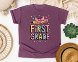 First Grade Pencil Bow in Berry Comfort Colors 1717 tee