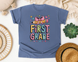 First Grade Pencil Bow in Blue Jean Comfort Colors 1717 tee