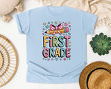 First Grade Pencil Bow in Chambray Comfort Colors 1717 tee