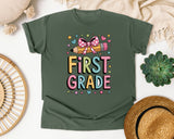 First Grade Pencil Bow in Moss Comfort Colors 1717 tee