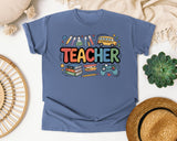 Teacher School Supplies in Blue Jean Comfort Colors 1717 tee
