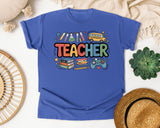 Teacher School Supplies in Flo Blue Comfort Colors 1717 tee