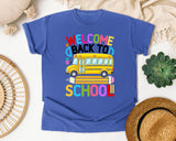 Welcome Back To School Bus in Flo Blue Comfort Colors 1717 tee