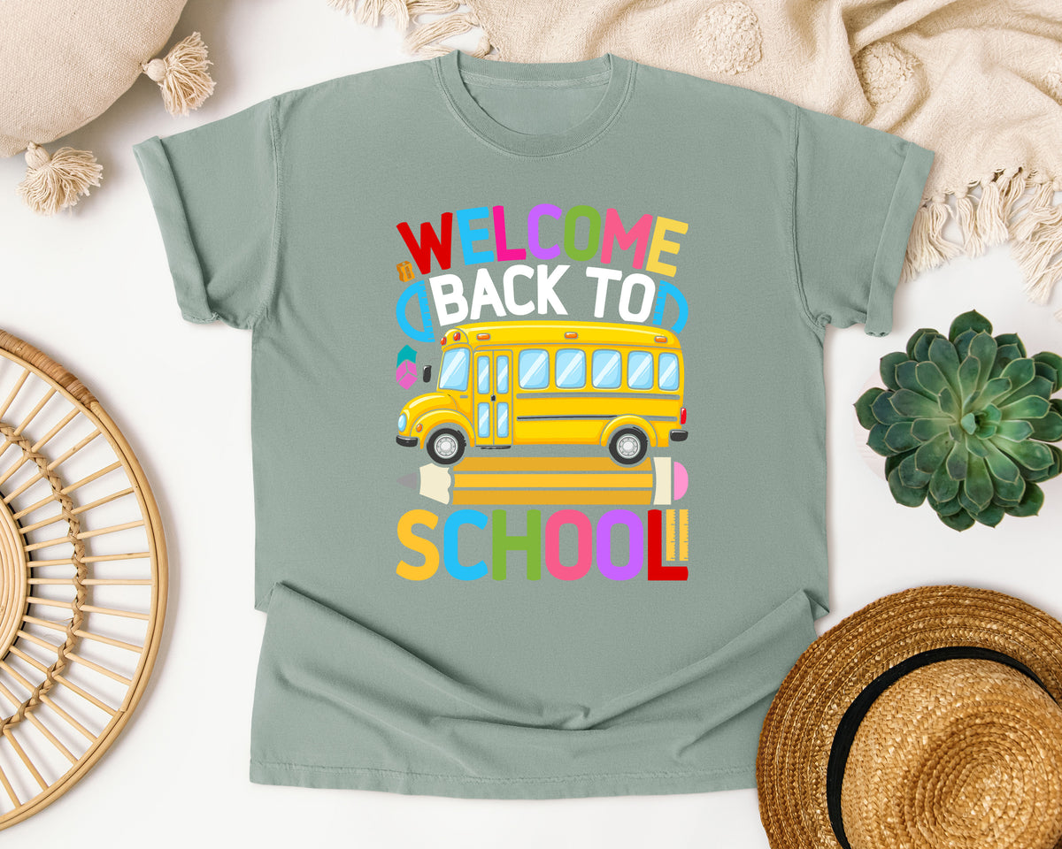 Welcome Back To School Bus Light Print in Bay Comfort Colors 1717 tee