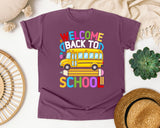 Welcome Back To School Bus Light Print in Berry Comfort Colors 1717 tee