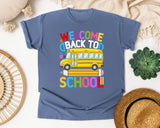 Welcome Back To School Bus Light Print in Blue Jean Comfort Colors 1717 tee