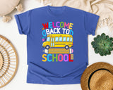 Welcome Back To School Bus Light Print in Flo Blue Comfort Colors 1717 tee
