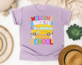 Welcome Back To School Bus Light Print in Orchid Comfort Colors 1717 tee