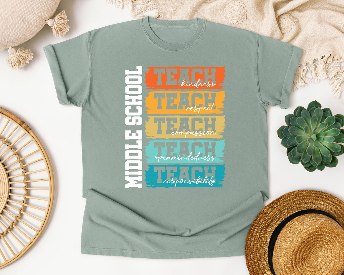 Middle School Teach Kindness Light Print in Bay Comfort Colors 1717 tee