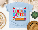 Look Out Kindergarten Here I Come Bright in Chambray Comfort Colors 1717 tee