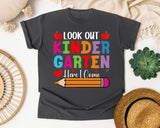 Look Out Kindergarten Here I Come Bright in Pepper Comfort Colors 1717 tee