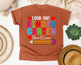 Look Out Kindergarten Here I Come Bright in Yam Comfort Colors 1717 tee