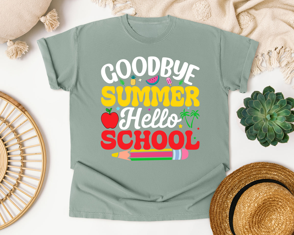Goodbye Summer Hello School Light Print in Bay Comfort Colors 1717 tee