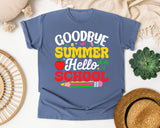 Goodbye Summer Hello School Light Print in Blue Jean Comfort Colors 1717 tee