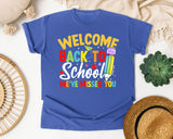 Welcome Back To School We've Missed You Light Print in Flo Blue Comfort Colors 1717 tee