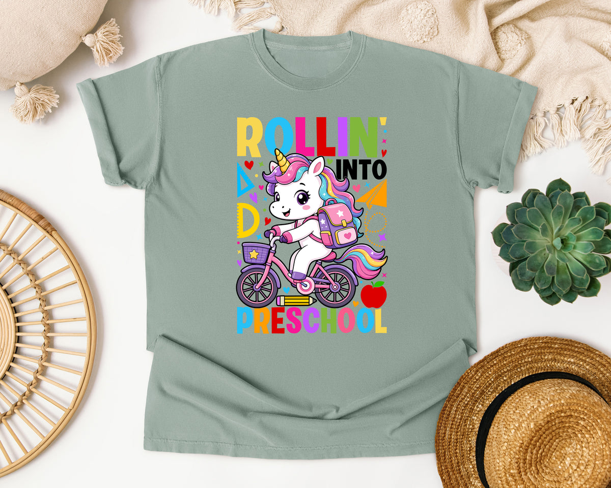 Rollin Into Preschool Unicorn in Bay Comfort Colors 1717 tee