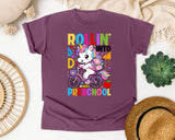 Rollin Into Preschool Unicorn in Berry Comfort Colors 1717 tee