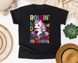 Rollin Into Preschool Unicorn in Black Comfort Colors 1717 tee