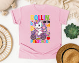 Rollin Into Preschool Unicorn in Blossom Comfort Colors 1717 tee