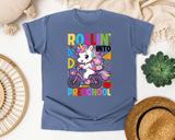 Rollin Into Preschool Unicorn in Blue Jean Comfort Colors 1717 tee