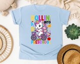 Rollin Into Preschool Unicorn in Chambray Comfort Colors 1717 tee