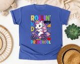 Rollin Into Preschool Unicorn in Flo Blue Comfort Colors 1717 tee