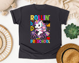 Rollin Into Preschool Unicorn in Graphite Comfort Colors 1717 tee