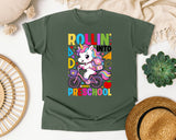 Rollin Into Preschool Unicorn in Moss Comfort Colors 1717 tee