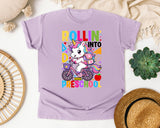 Rollin Into Preschool Unicorn in Orchid Comfort Colors 1717 tee