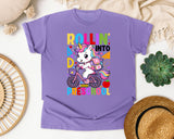 Rollin Into Preschool Unicorn in Violet Comfort Colors 1717 tee