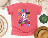 Rollin Into Preschool Unicorn in Watermelon Comfort Colors 1717 tee