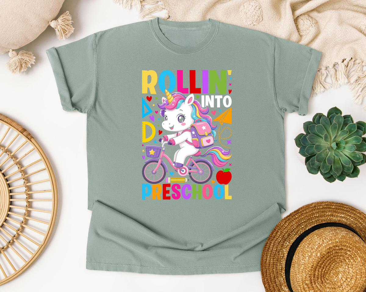 Rollin Into Preschool Unicorn Bright in Bay Comfort Colors 1717 tee