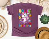 Rollin Into Preschool Unicorn Bright in Berry Comfort Colors 1717 tee