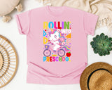 Rollin Into Preschool Unicorn Bright in Blossom Comfort Colors 1717 tee