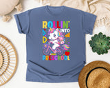 Rollin Into Preschool Unicorn Bright in Blue Jean Comfort Colors 1717 tee