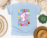 Rollin Into Preschool Unicorn Bright in Chambray Comfort Colors 1717 tee