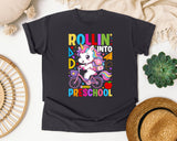 Rollin Into Preschool Unicorn Bright in Graphite Comfort Colors 1717 tee