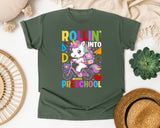 Rollin Into Preschool Unicorn Bright in Moss Comfort Colors 1717 tee