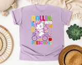 Rollin Into Preschool Unicorn Bright in Orchid Comfort Colors 1717 tee