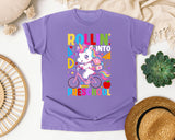 Rollin Into Preschool Unicorn Bright in Violet Comfort Colors 1717 tee
